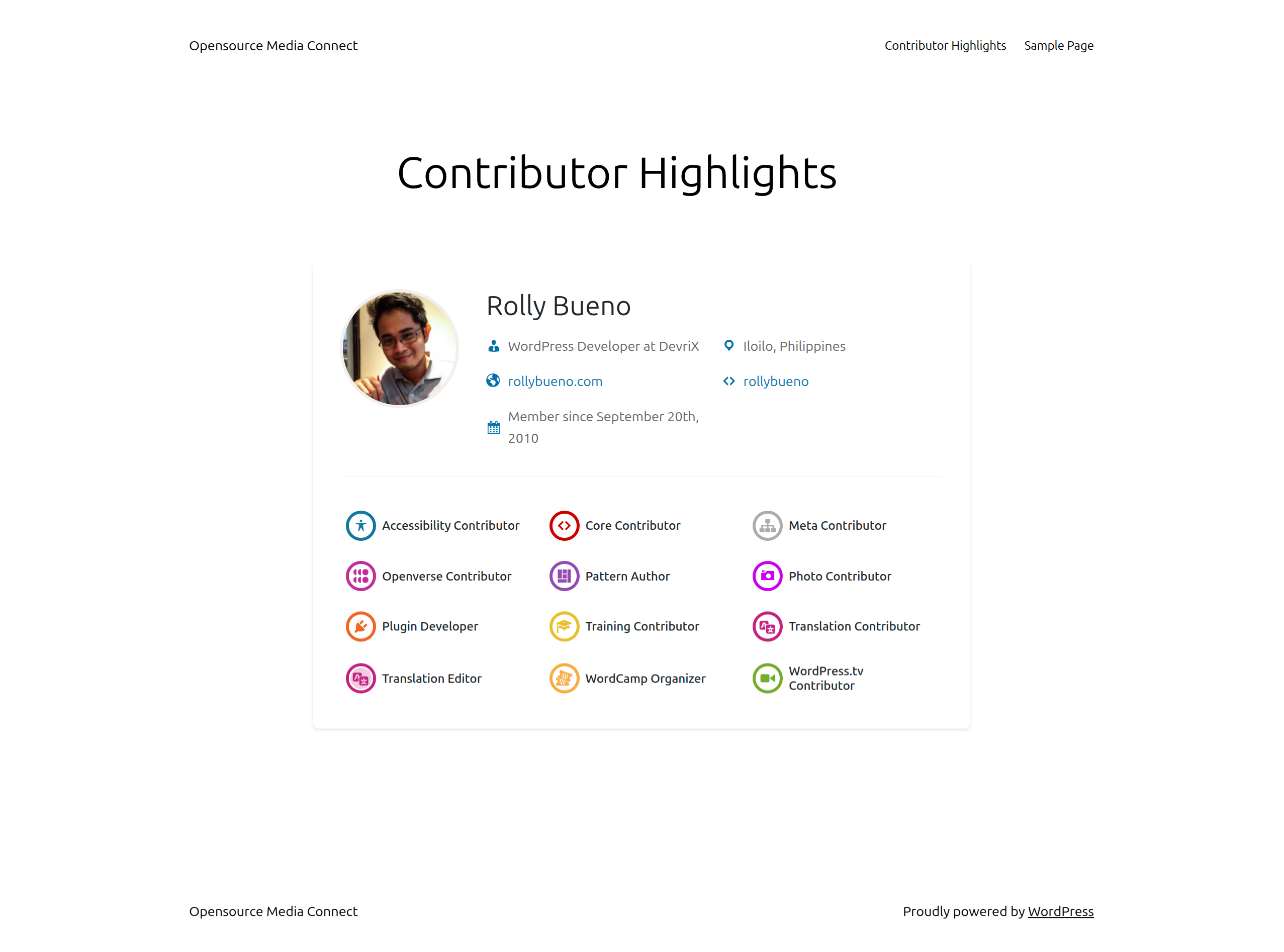 Front-end view of a Contributor Highlights card on a live page, showing contributor avatar, name, bio, contribution badges, and meta information styled within the site's theme.