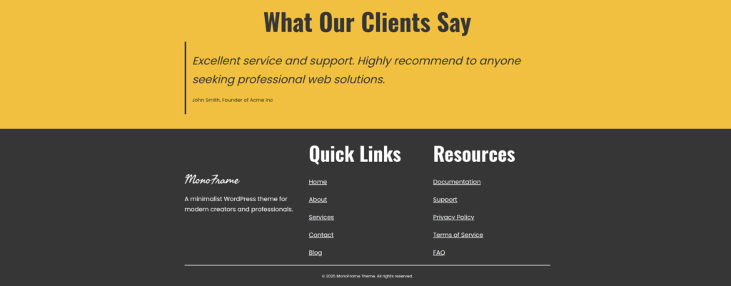 MonoFrame Footer section highlighting a testimonials