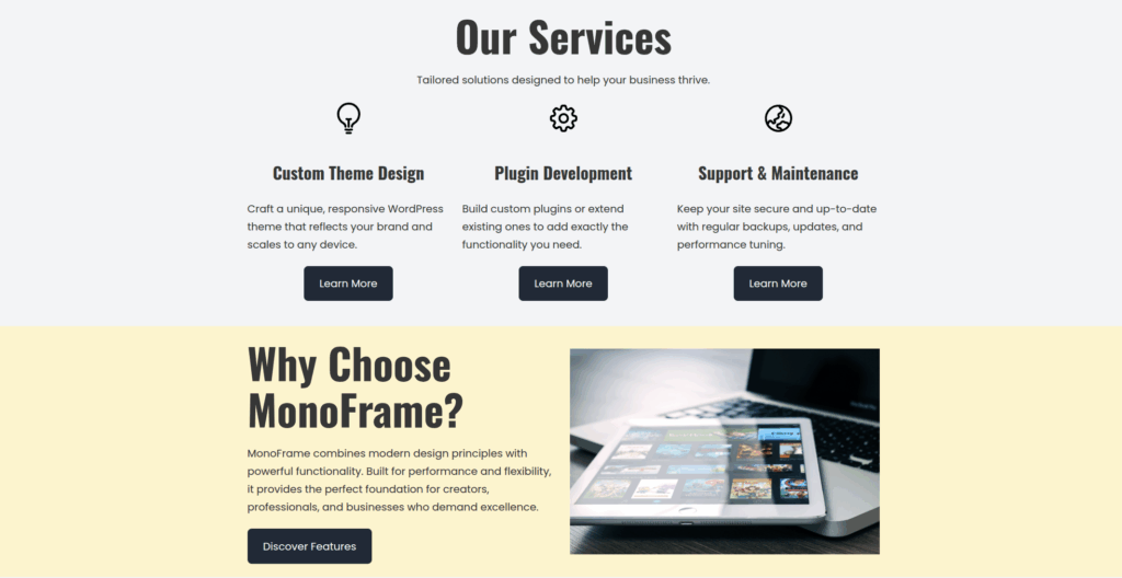 MonoFrame middle section highlighting services and featured article.