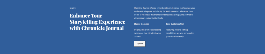 Blue promotional banner with the heading “Enhance Your Storytelling Experience with Chronicle Journal” highlighting elegance, customization, and full site editing.