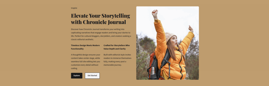 A young woman in an orange jacket and backpack raises her arm triumphantly while outdoors, symbolizing inspiration and storytelling.