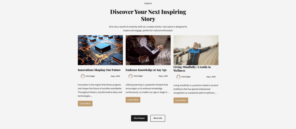 Section showcasing three featured articles: innovations with a computer chip, lifelong learning with a student holding books, and mindfulness with a man stretching outdoors.
