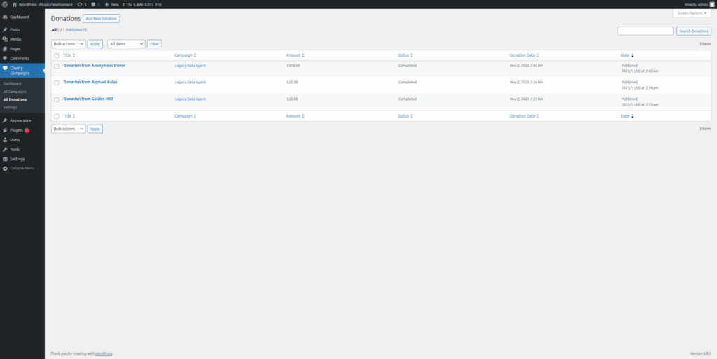 Donations list view with donor details and donation amounts.