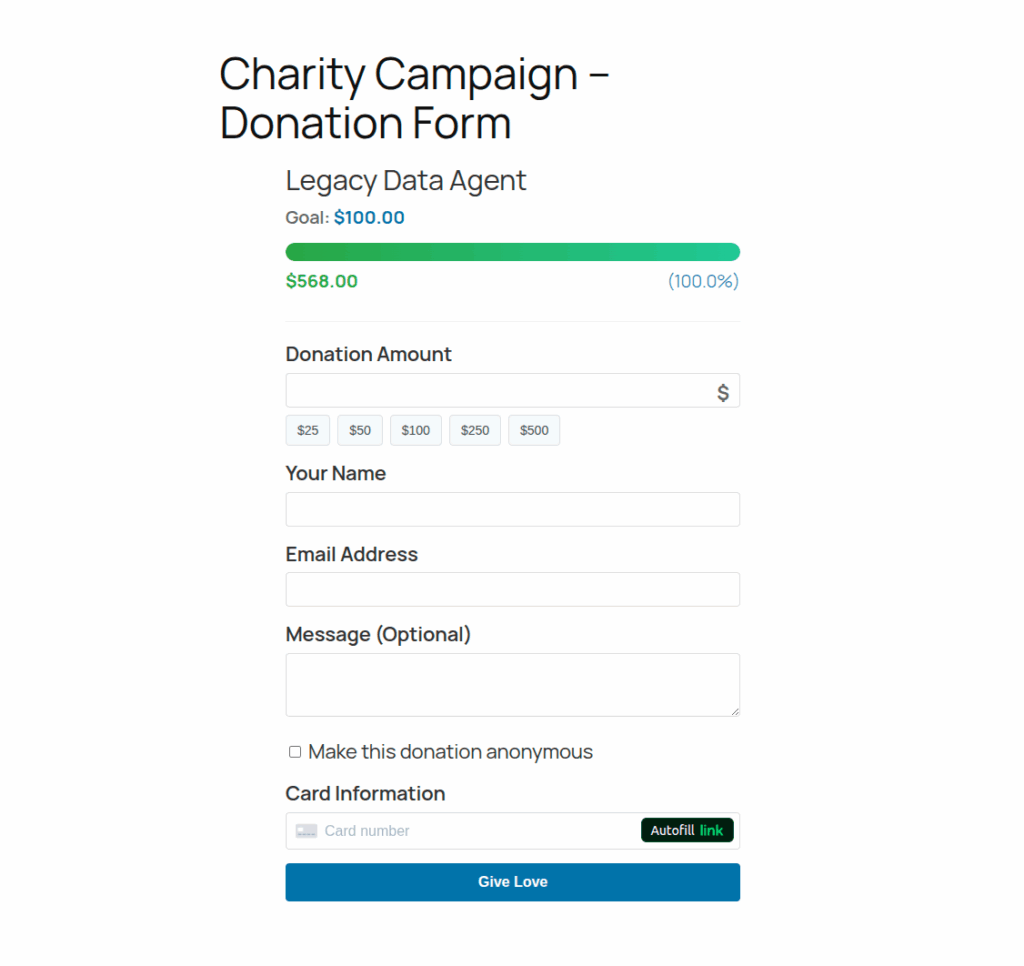 Donation form for submitting secure contributions.