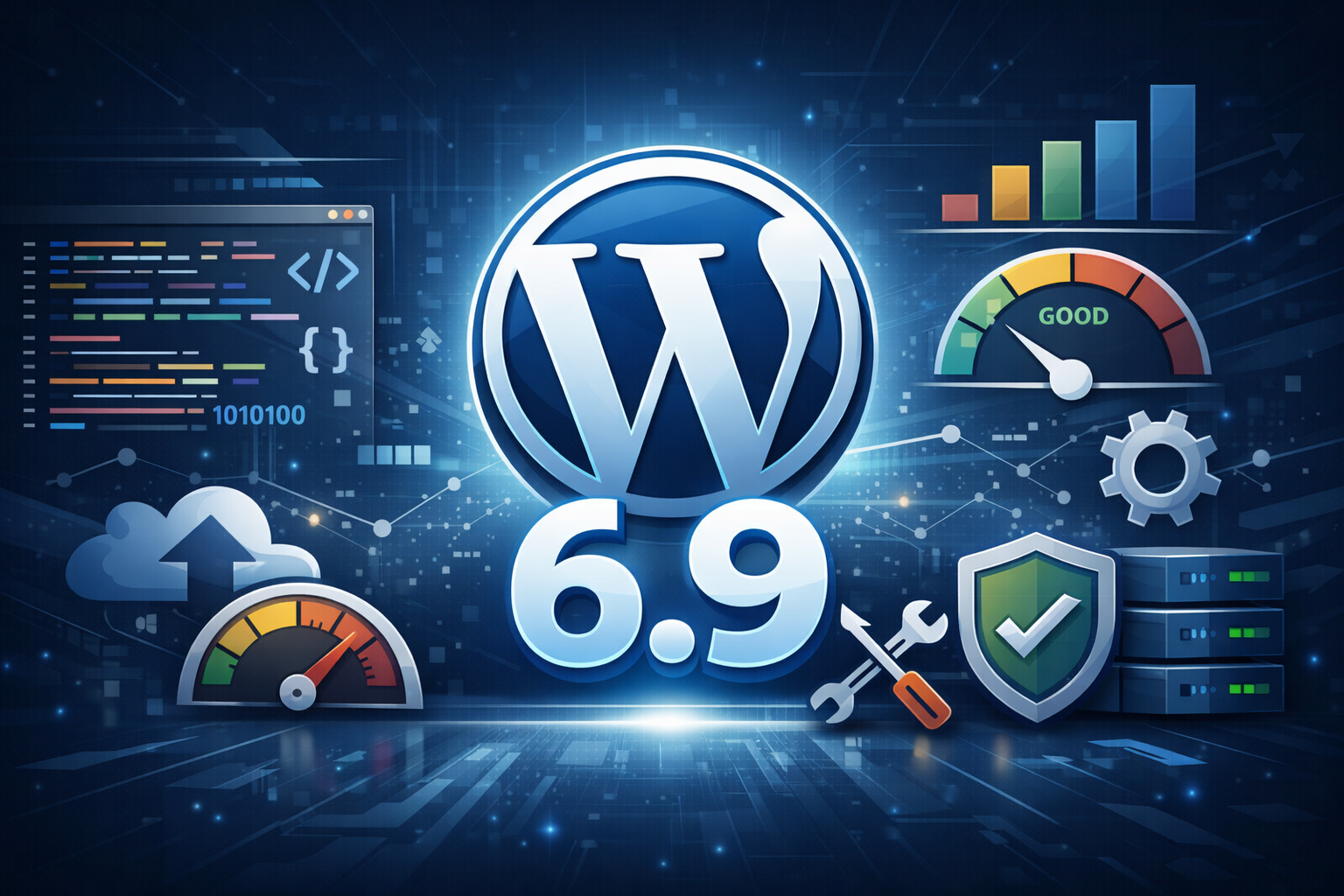 A professional blue digital graphic featuring the WordPress logo with “6.9,” surrounded by icons for performance speed, analytics, security, coding, and reliability.