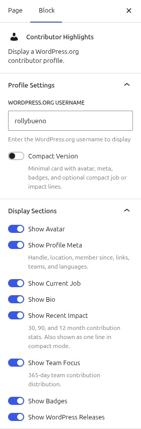 WordPress block editor sidebar showing Contributor Highlights profile settings and display section toggles.
